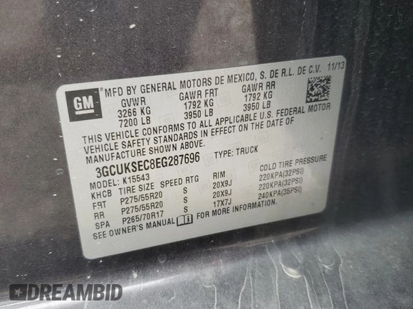 2014 Chevrolet Silverado 1500 LTZ with VIN 3GCUKSEC8EG287696, listed as a Copart auction lot 42191065 with Not Provided miles and Salvage Title. Bid and sale history available at DreamBid. Image 15.