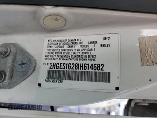2001 Honda Civic DX with VIN 2HGES16281H614582, listed as a Copart auction lot 44421255 with 257,612 mi miles and Salvage Title. Bid and sale history available at carsss.com. Image 12.