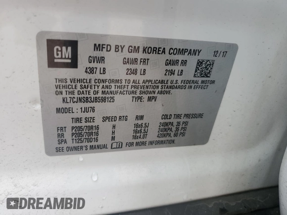 2018 Chevrolet Trax LS with VIN KL7CJNSB3JB598125, listed as a Copart auction lot 51777715 with 39,386 mi miles and Salvage Title. Bid and sale history available at carsss.com. Image 13.