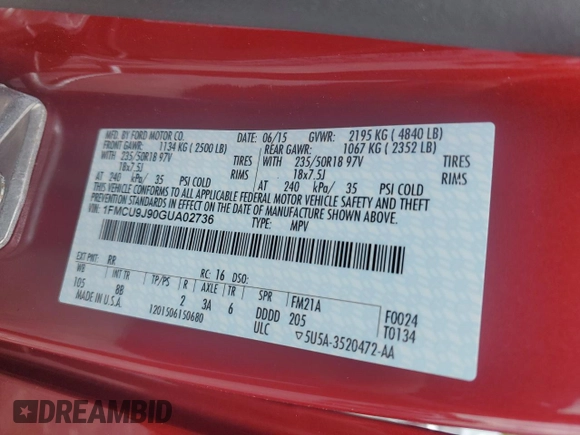 2016 Ford Escape Titanium with VIN 1FMCU9J90GUA02736, listed as a Copart auction lot 63068165 with 23,860 mi miles and Salvage title. Bid and sale history available at DreamBid. Image 14.