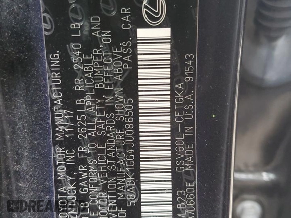 2018 Lexus ES with VIN 58ABK1GG4JU086505, listed as a Copart auction lot 52290895 with 73,960 mi miles and Salvage Title. Bid and sale history available at carsss.com. Image 12.