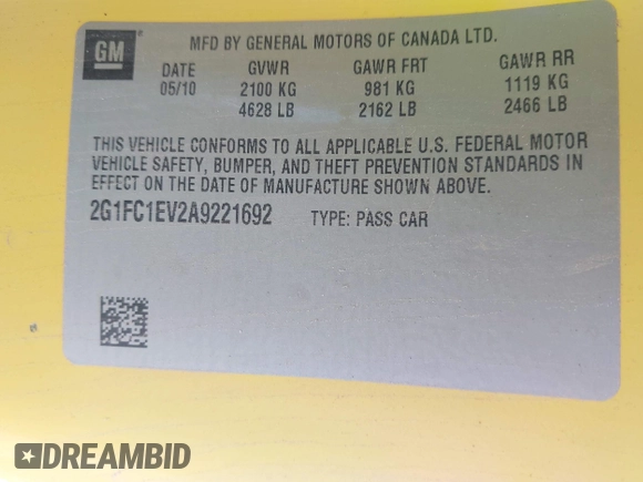 2010 Chevrolet Camaro 2LT with VIN 2G1FC1EV2A9221692, listed as a IAAI auction lot 42491114 with 89,652 mi miles and . Bid and sale history available at DreamBid. Image 9.