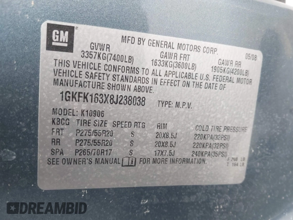 2008 GMC Yukon XL SLT 4SB z VIN 1GKFK163X8J238038, wystawiony jako IAAI lot #41715318 z przebiegiem 53 474 mil mil oraz . Historia ofert i sprzedaży dostępna na DreamBid. Obrazek 9.