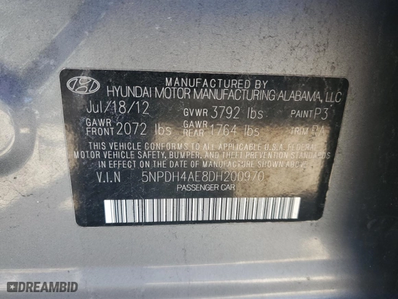 2013 Hyundai Elantra GLS with VIN 5NPDH4AE8DH200970, listed as a Copart auction lot 49277675 with 204,077 mi miles and Clean Title. Bid and sale history available at carsss.com. Image 12.