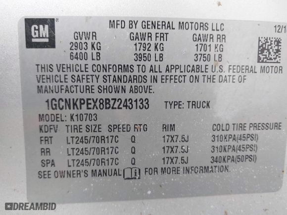 2011 Chevrolet Silverado 1500 Work Truck with VIN 1GCNKPEX8BZ243133, listed as a IAAI auction lot 41796052 with 123,709 mi miles. Bid and sale history available at carsss.com. Image 9.