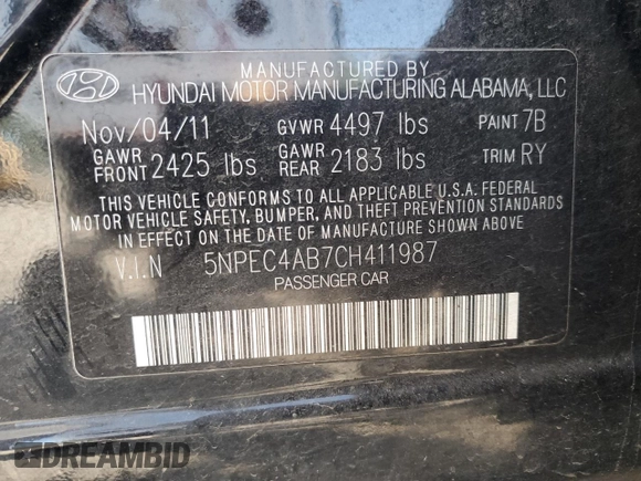 2012 Hyundai Sonata SE with VIN 5NPEC4AB7CH411987, listed as a Copart auction lot 55461465 with 163,438 mi miles and Salvage Title. Bid and sale history available at carsss.com. Image 12.