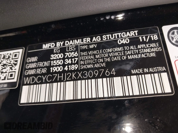 2019 Mercedes-Benz G 63 AMG with VIN WDCYC7HJ2KX309764, listed as a IAAI auction lot 41937326 with 38,179 mi miles and . Bid and sale history available at DreamBid. Image 9.
