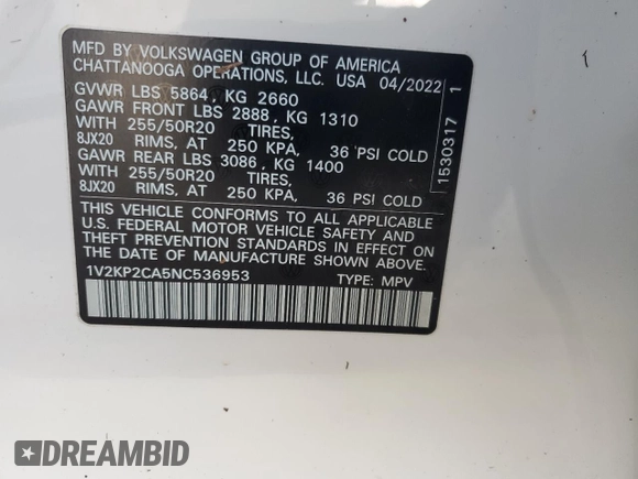 2022 Volkswagen Atlas SE with VIN 1V2KP2CA5NC536953, listed as a Copart auction lot 87637225 with Not provided miles and Non repairable. Bid and sale history available at DreamBid. Image 12.