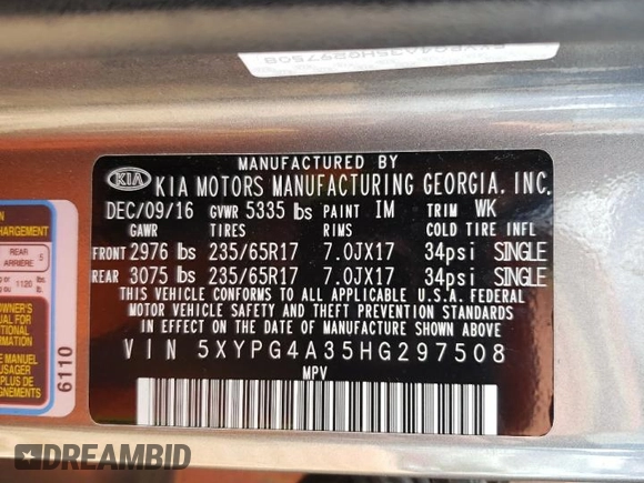 2017 Kia Sorento LX z VIN 5XYPG4A35HG297508, wystawiony jako Copart lot #56898275 z przebiegiem 137 498 mil mil oraz Szkoda całkowita • Salvage title. Historia ofert i sprzedaży dostępna na DreamBid. Obrazek 13.