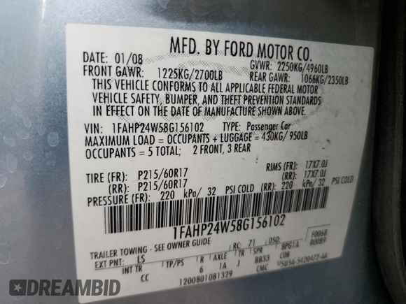 2008 Ford Taurus SEL with VIN 1FAHP24W58G156102, listed as a Copart auction lot 69424184 with 75,091 mi miles and Salvage Title. Bid and sale history available at carsss.com. Image 14.