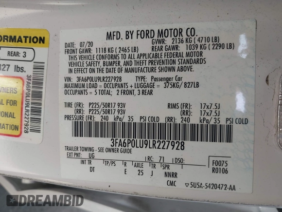 2020 Ford Fusion SE with VIN 3FA6P0LU9LR227928, listed as a IAAI auction lot 42445186 with 59,431 mi miles and . Bid and sale history available at DreamBid. Image 9.