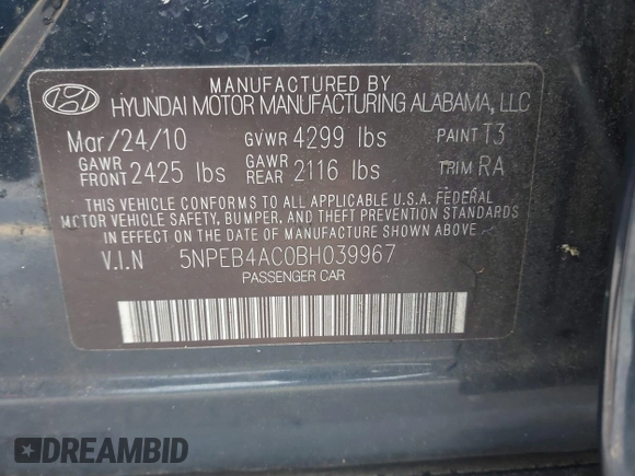 2011 Hyundai Sonata GLS with VIN 5NPEB4AC0BH039967, listed as a IAAI auction lot 41834409 with 133,746 mi miles and . Bid and sale history available at DreamBid. Image 9.