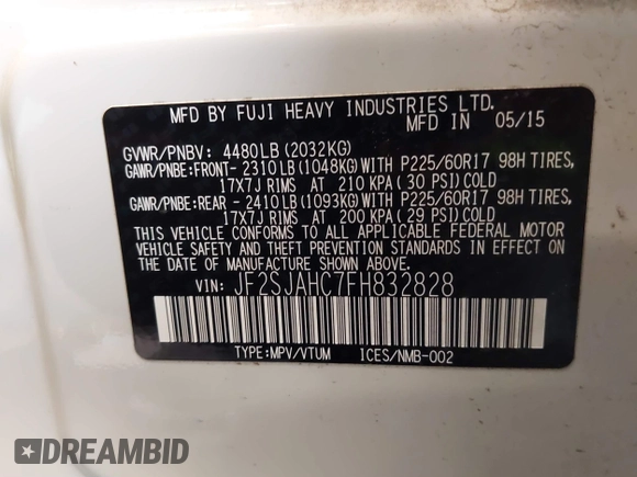 2015 Subaru Forester 2.5i Limited with VIN JF2SJAHC7FH832828, listed as a IAAI auction lot 41736100 with 90,570 mi miles. Bid and sale history available at carsss.com. Image 9.