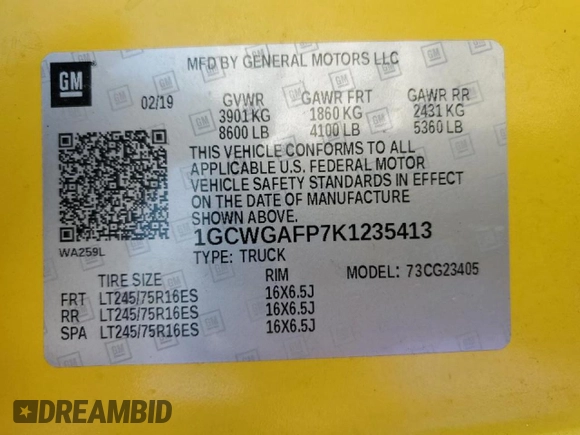 2019 Chevrolet Express Cargo with VIN 1GCWGAFP7K1235413, listed as a Copart auction lot 73735724 with Not provided miles and Salvage title. Bid and sale history available at DreamBid. Image 13.