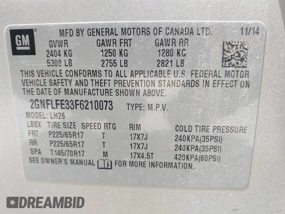 2015 Chevrolet Equinox LT with VIN 2GNFLFE33F6210073, listed as a IAAI auction lot 42043774 with 217,423 mi miles and . Bid and sale history available at DreamBid. Image 9.