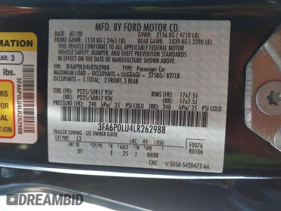 2020 Ford Fusion SE with VIN 3FA6P0LU4LR262988, listed as a IAAI auction lot 41768189 with 64,086 mi miles and . Bid and sale history available at DreamBid. Image 9.