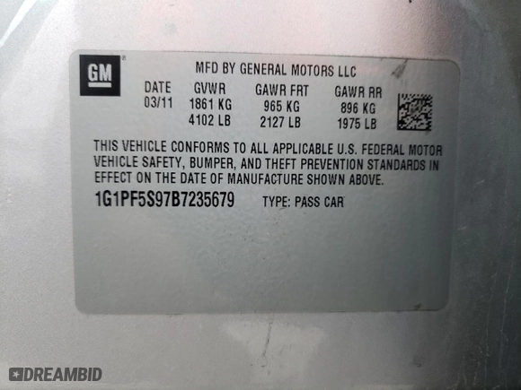 2011 Chevrolet Cruze LT w/1LT with VIN 1G1PF5S97B7235679, listed as a Copart auction lot 37408014 with 174,769 mi miles and Salvage Title. Bid and sale history available at carsss.com. Image 15.