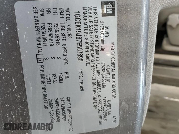 2007 Chevrolet Silverado 1500 1LT with VIN 1GCEK19J87E507890, listed as a Copart auction lot 54205995 with 131,642 mi miles and Salvage Title. Bid and sale history available at DreamBid. Image 12.