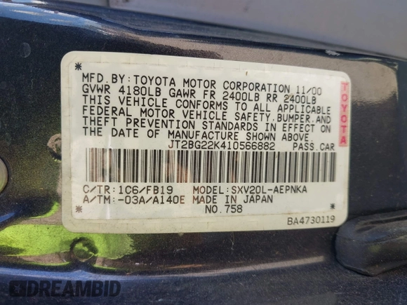 2001 Toyota Camry CE with VIN JT2BG22K410566882, listed as a IAAI auction lot 42084098 with 1 mi miles. Bid and sale history available at carsss.com. Image 9.