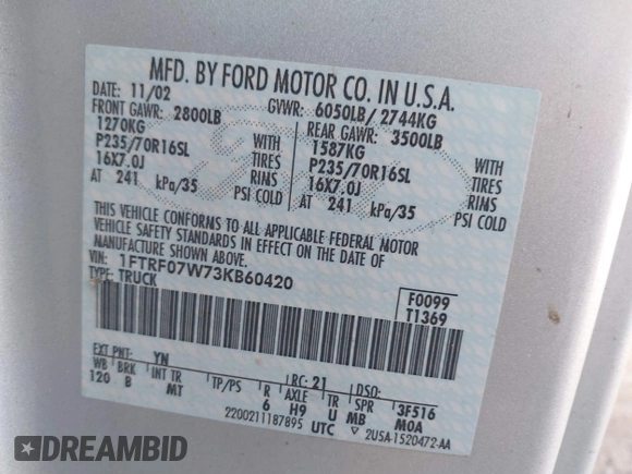 2003 Ford F-150 XL with VIN 1FTRF07W73KB60420, listed as a IAAI auction lot 41454500 with 168,135 mi miles and . Bid and sale history available at DreamBid. Image 9.