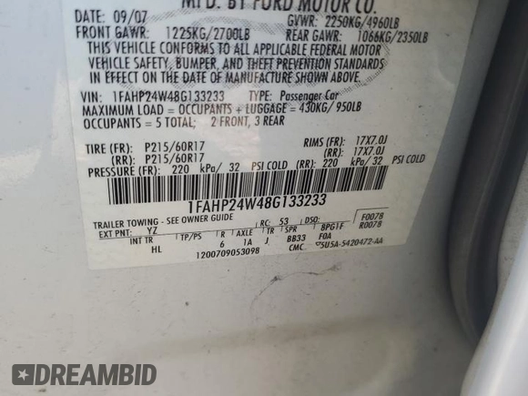 2008 Ford Taurus SEL with VIN 1FAHP24W48G133233, listed as a Copart auction lot 69518064 with 93,533 mi miles and Salvage Title. Bid and sale history available at carsss.com. Image 12.