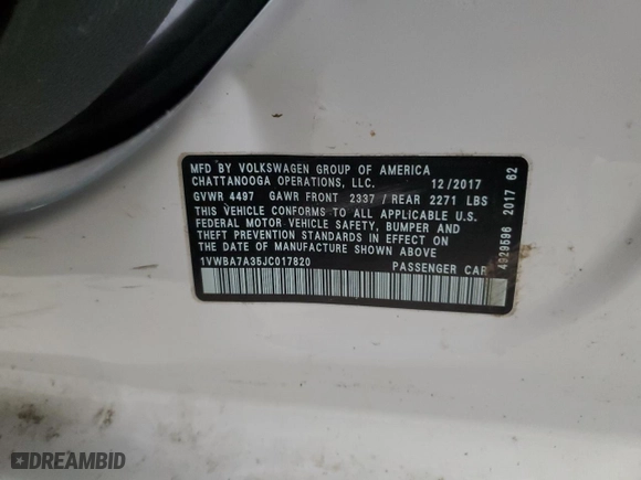 2018 Volkswagen Passat 2.0T SE with VIN 1VWBA7A35JC017820, listed as a Copart auction lot 46549295 with 0 mi miles and Salvage Title. Bid and sale history available at carsss.com. Image 14.