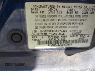 2005 Nissan Sentra S z VIN 3N1CB51D25L473305, wystawiony jako IAAI lot #41883671 z przebiegiem 184 339 mil mil oraz . Historia ofert i sprzedaży dostępna na DreamBid. Obrazek 9.