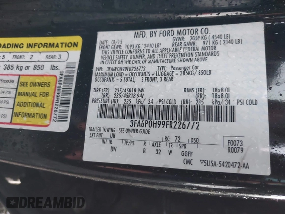 2015 Ford Fusion SE with VIN 3FA6P0H99FR226772, listed as a IAAI auction lot 41180453 with 99,838 mi miles. Bid and sale history available at carsss.com. Image 9.