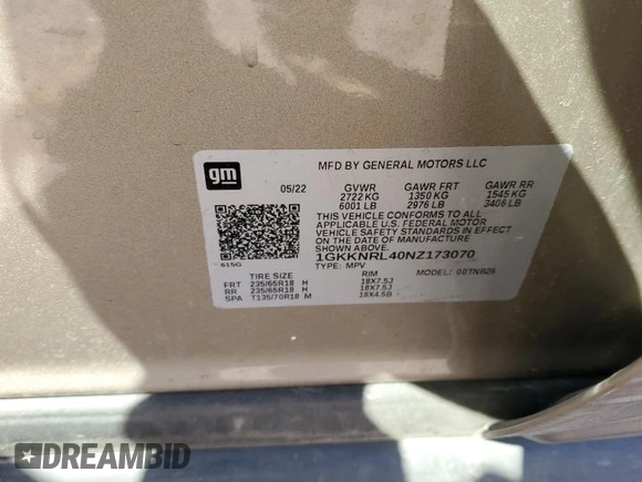 2022 GMC Acadia SLE with VIN 1GKKNRL40NZ173070, listed as a Copart auction lot 51446235 with 50,083 mi miles and Salvage Title. Bid and sale history available at carsss.com. Image 15.