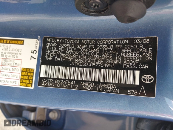 2008 Toyota Prius with VIN JTDKB20U087764953, listed as a IAAI auction lot 42052617 with 91,937 mi miles. Bid and sale history available at carsss.com. Image 9.