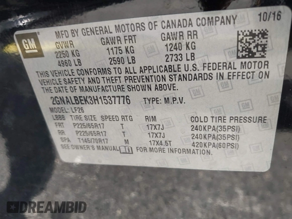 2017 Chevrolet Equinox LS with VIN 2GNALBEK3H1537776, listed as a IAAI auction lot 42207364 with 102,634 mi miles and . Bid and sale history available at DreamBid. Image 9.
