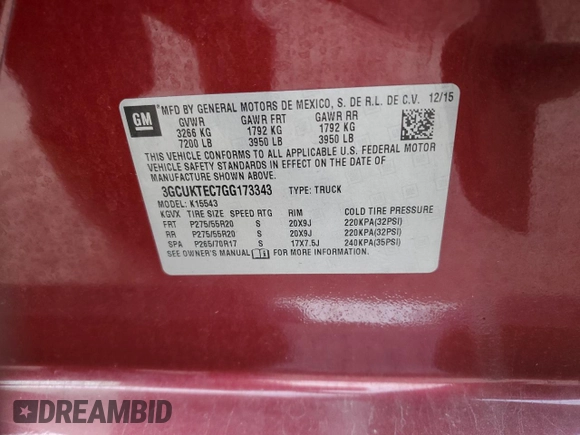 2016 Chevrolet Silverado 1500 High Country with VIN 3GCUKTEC7GG173343, listed as a Copart auction lot 86071504 with 124,675 mi miles and Salvage Title. Bid and sale history available at DreamBid. Image 12.