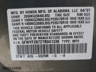 2007 Honda Pilot EX-L with VIN 5FNYF28727B041336, listed as a IAAI auction lot 41926326 with 102,927 mi miles. Bid and sale history available at carsss.com. Image 9.