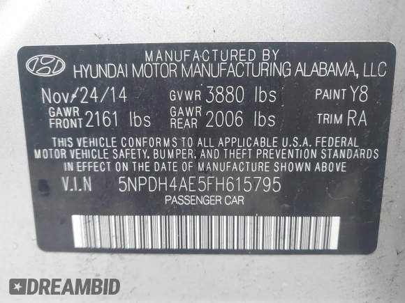 2015 Hyundai Elantra SE with VIN 5NPDH4AE5FH615795, listed as a IAAI auction lot 41976297 with 63,777 mi miles and . Bid and sale history available at DreamBid. Image 9.
