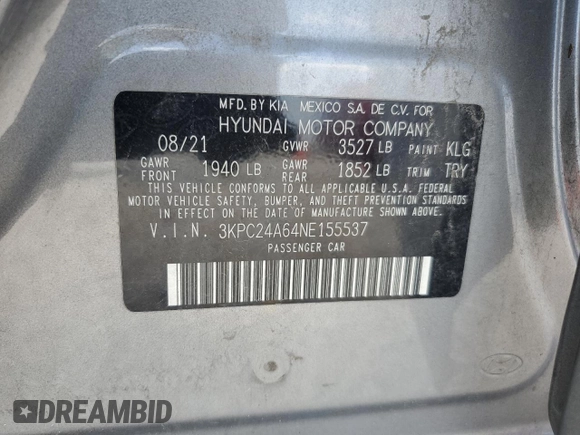 2022 Hyundai Accent SE with VIN 3KPC24A64NE155537, listed as a Copart auction lot 55312015 with 84,544 mi miles and Salvage title. Bid and sale history available at DreamBid. Image 12.