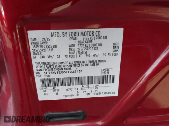 2015 Ford F-150 XLT with VIN 1FTEW1EG5FFA67151, listed as a IAAI auction lot 41550457 with 133,401 mi miles and . Bid and sale history available at DreamBid. Image 9.