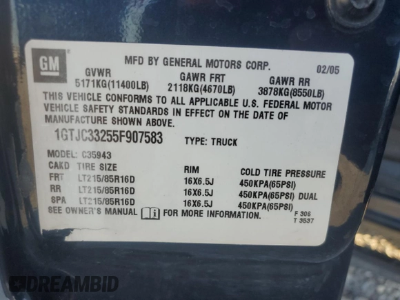 2005 GMC Sierra 1500 with VIN 1GTJC33255F907583, listed as a Copart auction lot 77574284 with Not Provided miles and Clean Title. Bid and sale history available at DreamBid. Image 13.