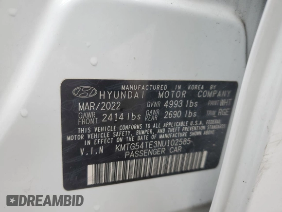 2022 Genesis G70 3.3T with VIN KMTG54TE3NU102585, listed as a Copart auction lot 49923945 with 34,974 mi miles and Salvage title. Bid and sale history available at DreamBid. Image 12.
