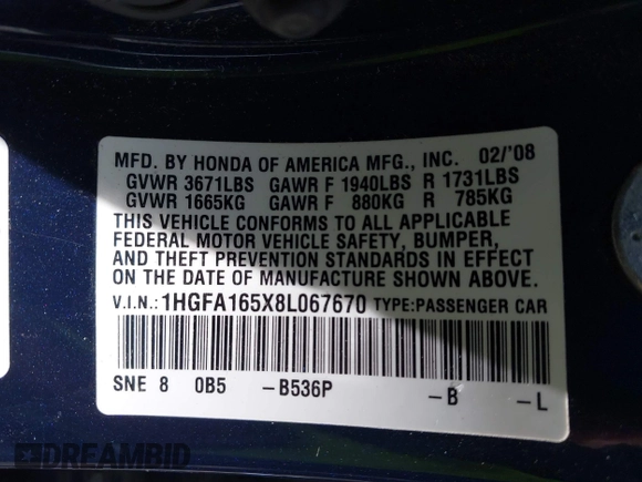 2008 Honda Civic LX with VIN 1HGFA165X8L067670, listed as a IAAI auction lot 42208641 with 188,328 mi miles and . Bid and sale history available at DreamBid. Image 9.