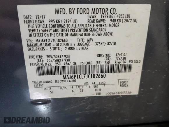2018 Ford EcoSport SES with VIN MAJ6P1CL7JC182660, listed as a Copart auction lot 49881705 with 83,176 mi miles and Salvage Title. Bid and sale history available at DreamBid. Image 13.