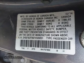 2015 Honda Civic EX-L with VIN 2HGFB2F96FH509201, listed as a IAAI auction lot 42158188 with 170,110 mi miles and . Bid and sale history available at DreamBid. Image 9.