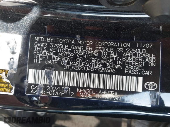 2008 Toyota Prius with VIN JTDKB20U487729686, listed as a IAAI auction lot 41722843 with Not Provided miles. Bid and sale history available at carsss.com. Image 9.
