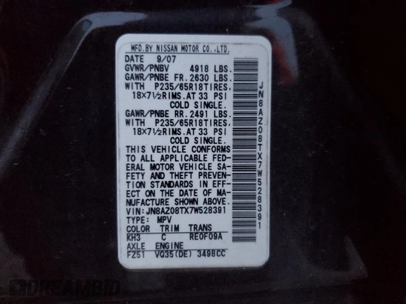 2007 Nissan Murano SL with VIN JN8AZ08TX7W528391, listed as a Copart auction lot 52120565 with Not provided miles and Salvage title. Bid and sale history available at DreamBid. Image 15.