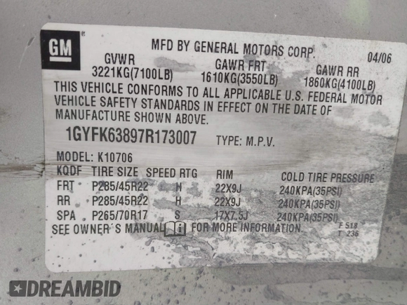 2007 Cadillac Escalade z VIN 1GYFK63897R173007, wystawiony jako IAAI lot #41661358 z przebiegiem 275 328 mil mil oraz . Historia ofert i sprzedaży dostępna na DreamBid. Obrazek 9.