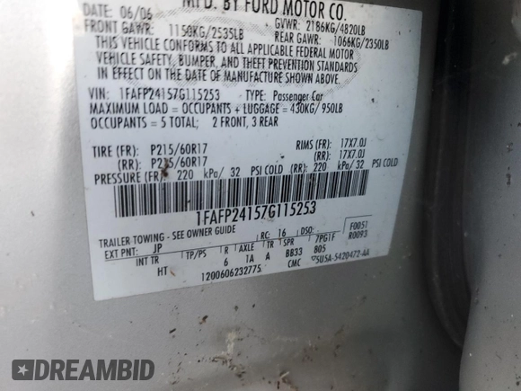 2007 Ford Five Hundred SEL with VIN 1FAFP24157G115253, listed as a Copart auction lot 84844254 with Not Provided miles and Salvage Title. Bid and sale history available at carsss.com. Image 12.