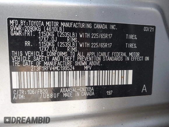 2021 Toyota RAV4 LE with VIN 2T3F1RFV4MC199524, listed as a IAAI auction lot 41898036 with 29,444 mi miles. Bid and sale history available at carsss.com. Image 9.