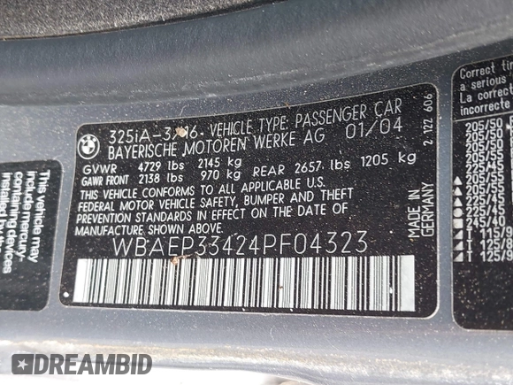 2004 BMW 3 Series 325xi with VIN WBAEP33424PF04323, listed as a IAAI auction lot 42185849 with 157,218 mi miles and . Bid and sale history available at carsss.com. Image 9.