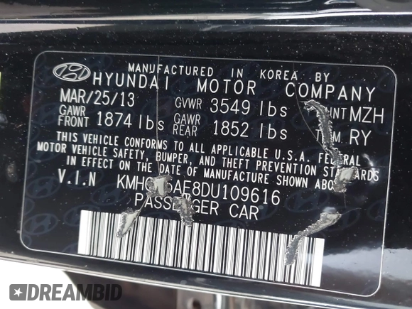 2013 Hyundai Accent SE with VIN KMHCU5AE8DU109616, listed as a IAAI auction lot 42051364 with 96,739 mi miles. Bid and sale history available at carsss.com. Image 9.
