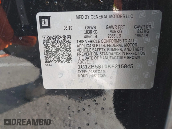 2019 Chevrolet Malibu LS with VIN 1G1ZB5ST0KF215845, listed as a IAAI auction lot 41769675 with 81,912 mi miles and . Bid and sale history available at DreamBid. Image 9.
