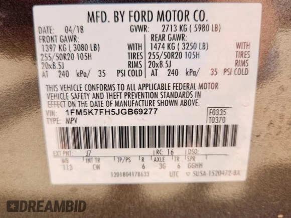 2018 Ford Explorer Limited with VIN 1FM5K7FH5JGB69277, listed as a Copart auction lot 56434715 with 73,933 mi miles and Clean title. Bid and sale history available at DreamBid. Image 13.